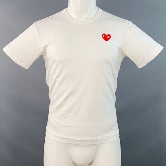 COMME des GARCONS PLAY Size M White Red Heart Applique T-shirt - Picture 1 of 8